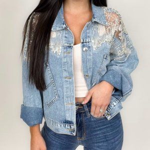 Stunning Davi & Dani Jean Jacket with Sequins and Lace Large NWT